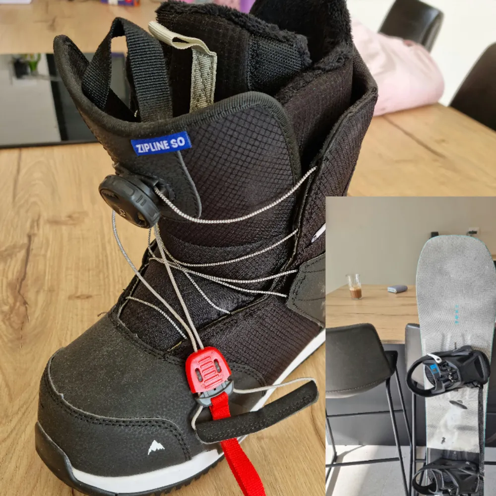 Burton snowboardbräda längd 128 cm, med Step On bindningar samt Burton boots Step On strl 40(Junior).Hjälm. Övrigt.