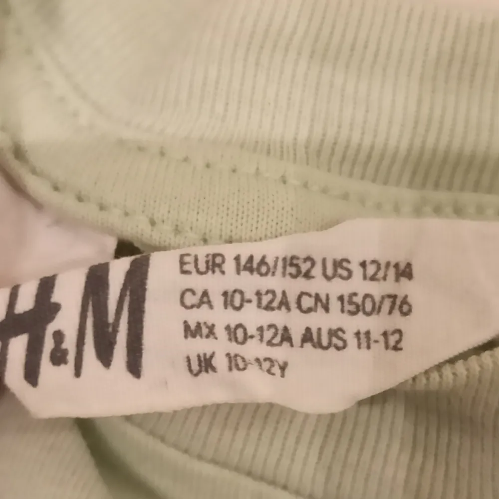 En jättefin ljusgrön tröja från H&M i storlek 146/152, men kan även passa XS.  Köpt år 2021.  Använd få gånger, därför väldigt fint skick, både tyg och tryck.  100% bomull.  Den är skrynklig eftersom den är nytvättad👍 Ny pris ca 150 kr. T-shirts.