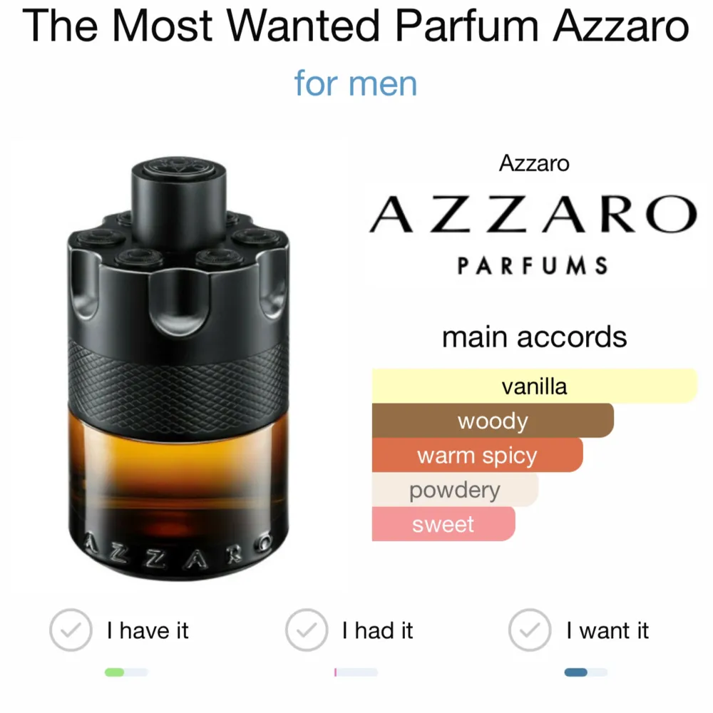 Azzaro the most wanted parfum är en söt och träig doft som också innehåller röd ingefära och även bourbonvanilj. Kombinationen kompletterar varandra med de olika kryddiga, söta och milda smakerna. Detta gör Le parfum till en elegant, fin, mild parfym. Accessoarer.