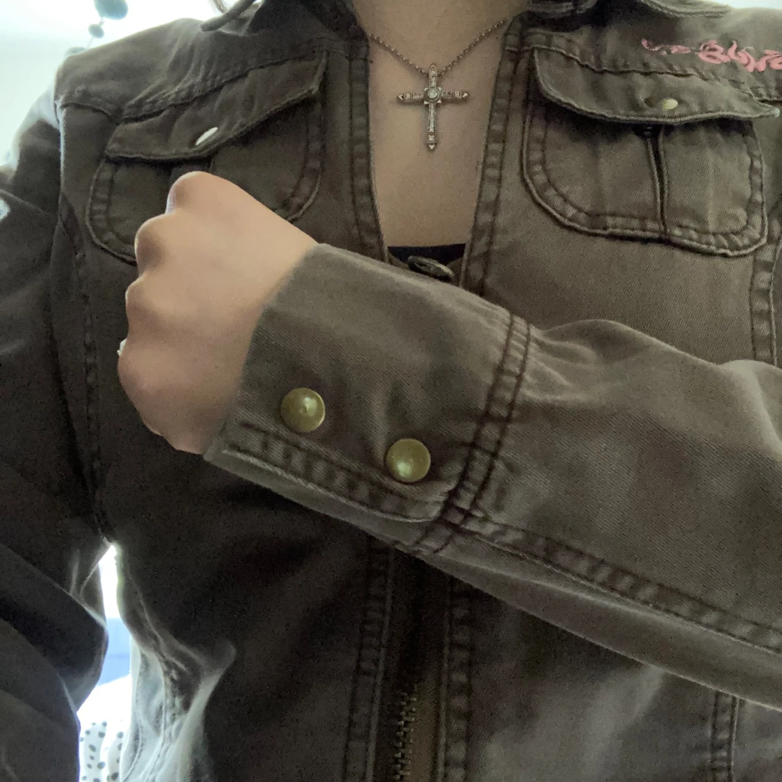 Brunt jeans jacka, low waist bälte - 92