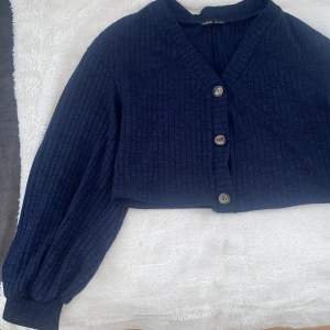 Fin blå stickad/ribbad tröja/kofta med fina ärmar och 3 bruna knappar. Har bara användts ett par gånger.