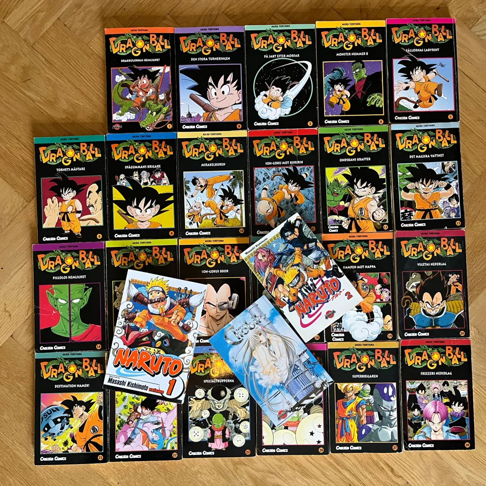 Dragonball vol 1-28 på svenska, vol 2,3,16,24 och 25 saknas. Böckerna har slitna omslag men är annars i bra skick. Naruto vol1 på engelska och Naruto vol2 på svenska, Chobits vol1 på svenska, alla 3 nästan oanvända. Alla för 750, dm för enskilda köp.. Övrigt.