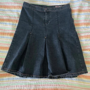 Mörkblå jeanskjol från Cue - En mörkblå jeanskjol från märket Cue. Kjolen har en knapp och dragkedja framtill samt dekorativa sömmar. Den har en A-linjeformad design med veckade detaljer som ger en fin form och rörelse.