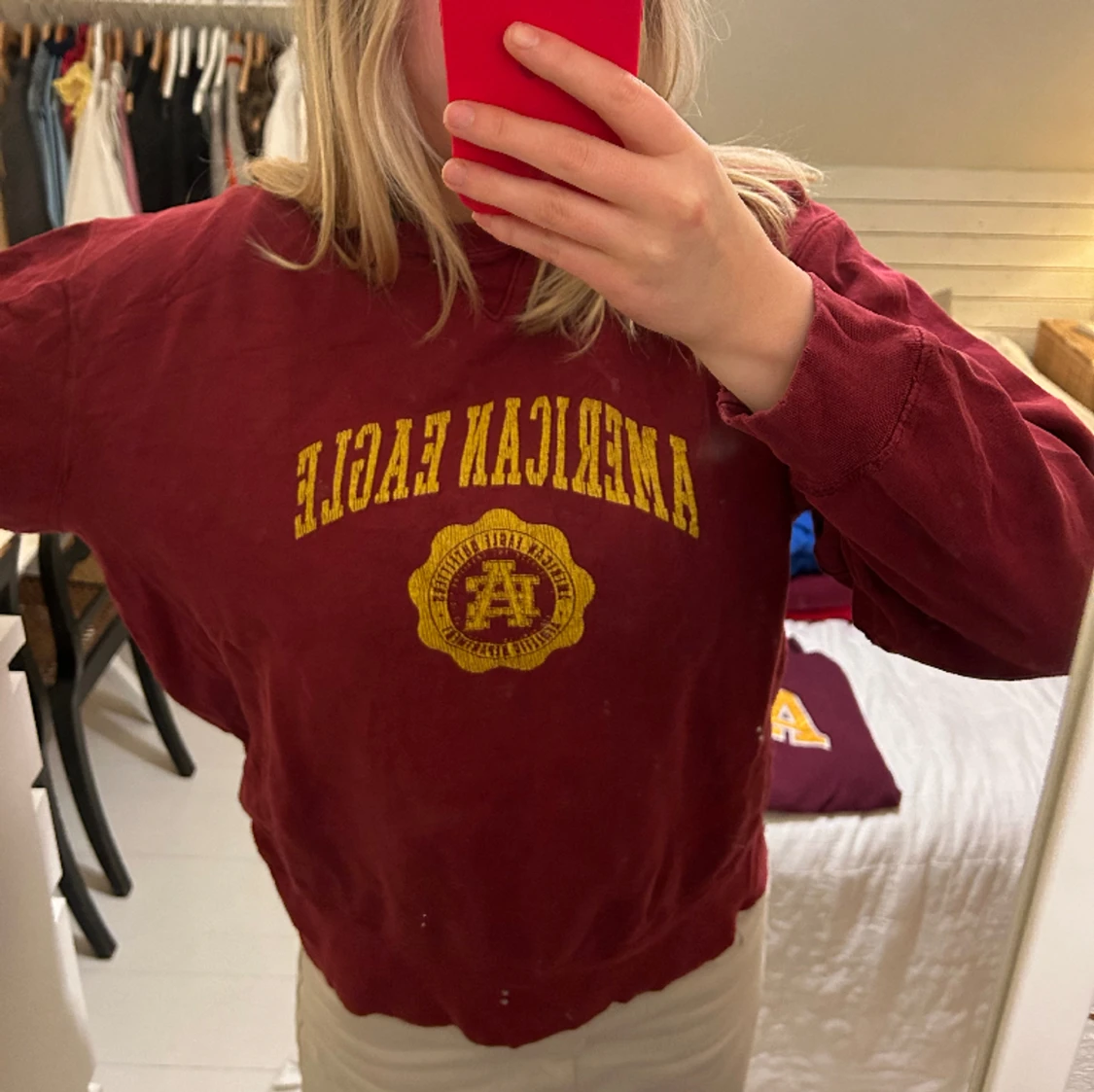 Vinröd vintage sweatshirt med tryck - 91