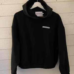 Svart hoodie från Calvin Klein Jeans - Svart hoodie från Calvin Klein Jeans med broderad logga på bröstet. Klassisk modell med huva, långa ärmar och elastisk nederkant. Mjuk insida och relaxed fit. Är använd endast en gång så i mycket gott skick. Hör gärna av er om ni vill ha fler bilder eller undrar något.☺️