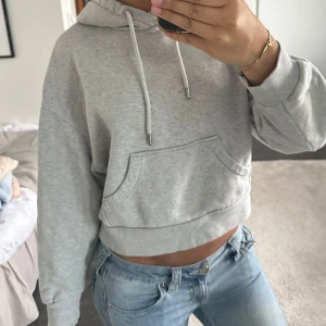 Grå croppad hoodie från & Other Stories - Säljer en superskön och snygg ljusgrå croppad hoodie från & Other Stories. Tröjan har huva med snörning, magficka och långa ärmar. Köparen betalar för frakten. Knappt använd