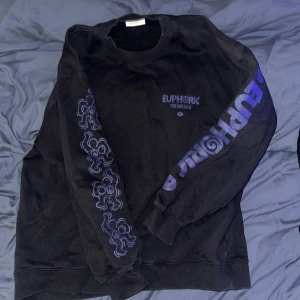 Svart sweatshirt med blått tryck - Cool svart sweatshirt med stora blåa tryck och grafiska motiv på både fram- och baksida. Texten 'EUPHORIC' och unika figurer ger tröjan en streetwear-känsla. Mjuk bomullskvalitet och rund halsringning.