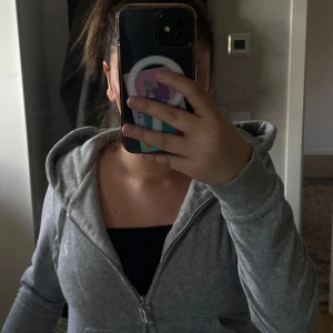  Juicy Couture - Säljer en klassisk grå hoodie från Juicy Couture med dragkedja och huva. Tröjan har broderad logga på bröstet och är i mjukt material. Perfekt för en avslappnad stil.