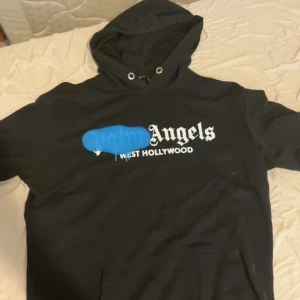 Palm Angels svart hoodie med blå print - Sälje min Palm angels hoddie har använt bara 5 gånger sen så har den bara varit i min garderob jag vill bli av med den snabbt så bara seriösa köpare det är storlek L