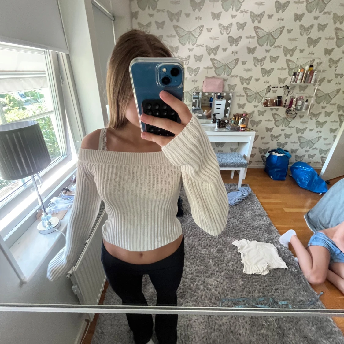 Offshoulder ribbad stickad tröja - 1