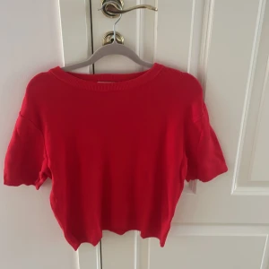 Röd croppad topp från H&M - Säljer en röd croppad topp från H&M i storlek XS. Toppen har korta ärmar, rund halsringning med ribbad kant och en enkel, stilren design. Perfekt för dig som gillar färg och vill ha en basic topp med modern passform.
