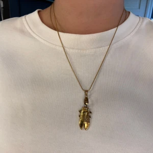 Guldigt halsband med insekt-hänge - Unikt halsband i guldton med ett detaljerat hänge som föreställer en insekt, typ skalbagge. Kedjan är tunn och stilren, och hänget har snygga mönster och former som gör det till ett riktigt statement piece💕