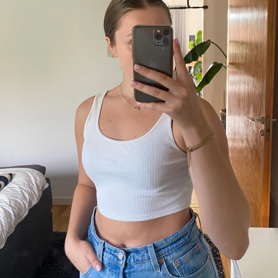 Vit ribbad croppad linnetopp - 2