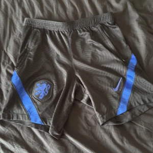 Svarta nederländska landslag shorts - Svarta nederländska landslags shorts från Nike med blå ränder på sidorna och ett lejonmärke på vänster ben. Shortsen har elastisk midja och dragkedjefickor. Perfekta för fotboll eller träning, tillverkade i lätt polyester för maximal komfort. Säljer shortsen för dom har blivit för små