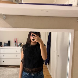 Svart spetsblus med volangdetaljer - Supersnygg svart blus i spets från salt med volangdetaljer vid ärmslut och nederkant. Blusen är ärmlös och har hög hals, samt en transparent rygg som ger en extra cool touch. Perfekt att styla med jeans eller kjol för en trendig look. Blusen har inte använts och är i helt ny skick 