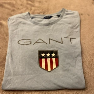 Ljusblå t-shirt från GANT - Säljer en ljusblå t-shirt från GANT med ett stort tryck av märkesnamnet och en sköld med stjärnor och ränder på framsidan. Perfekt för en avslappnad stil. Tillverkad i mjukt material för extra komfort.