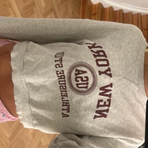 Grå sweatshirt med USA-tryck - Säljer en grå sweatshirt från zara med mörkrött tryck där det står 'NEW YORK USA'. Tröjan har en loose passform, ribbade muddar och är långärmad. Perfekt för chill dagar och har en klassisk college-vibe.
