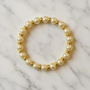 Pärlarmband med gulddetaljer - Elegant armband med vita pärlor och guldfärgade detaljer. Perfekt för att ge en touch av lyx till din outfit. Stretchig design för enkel passform.