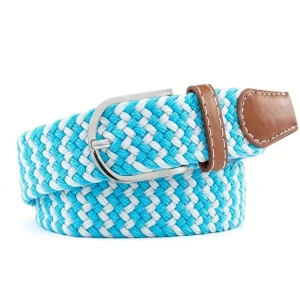 Flätat bälte i blått och vitt - Snyggt flätat bälte i blått och vitt med bruna skinn-detaljer. Perfekt för att ge en färgklick till din outfit. Bältet har ett silverfärgat spänne som ger en stilren look.