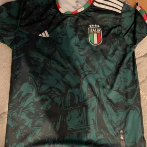 Italien fotbollströja från Adidas - Säljer en grön Italien fotbollströja från Adidas med unikt mönster och Italiens landslagsmärke på bröstet. Tröjan har tre vita ränder på axeln och rund hals med röd, vit och grön kant. Perfekt för dig som vill sticka ut på matchen!