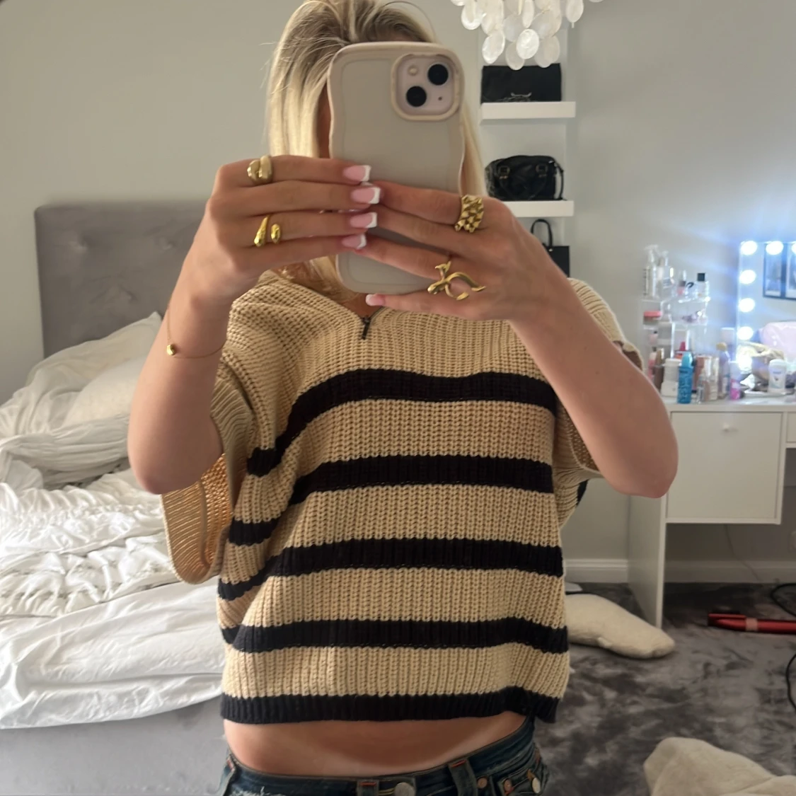 Beige stickad randig tröja med half zip - 2