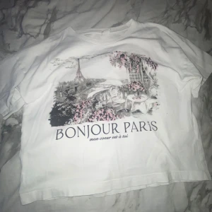 Vit t-shirt Bonjour Paris Lindex - Vit t-shirt från Lindex i storlek 158/164 med tryck av Paris och texten 'BONJOUR PARIS, mon coeur est à toi' framtill. Motivet har inslag av rosa och grått. Pris går att diskutera!🙌🏻