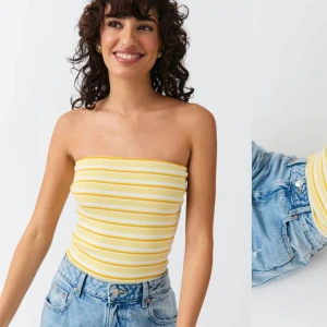 Somrig tubtop Ginatricot - Superfin oanvänd tubtopp från Gina i gul, orange och vita ränder💛🧡🤍 stretchigt, skönt material med ett band högst upp som håller den på plats💕 slutsåld på hemsidan och prislapp kvar!💖 