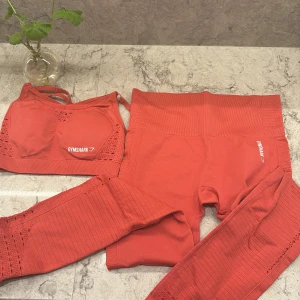 Korallfärgat set från Gymshark - Säljer en snygg korallfägat set från Gymshark. Toppen är ärmlös med ribbade detaljer och har en sportig design. Perfekt för gymmet eller andra träningsaktiviteter. Den har en bekväm passform och är tillverkad i ett stretchigt material.