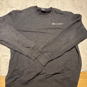 Grå sweatshirt från Champion - Säljer en stilren grå sweatshirt från Champion med deras logga broderad på bröstet. Tröjan har långa ärmar och en klassisk rund halsringning. 
