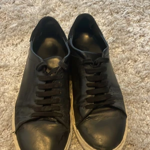 Svarta sneakers från Axel Arigato - Svarta sneakers från Axel Arigato med stilren design och platt vit sula. Skorna har snörning och är tillverkade i skinn, vilket ger en lyxig känsla. Rund tå och diskret logga på sidan och hälen. Perfekta för dig som gillar minimalistisk stil.