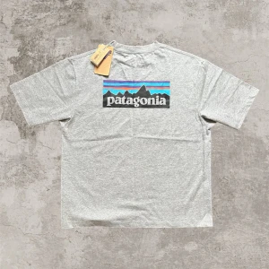 Pantagonia grå T-shirt ryggtryck - En stilren grå pantagonia T-shirt men den klassiska loggan på ryggen. Storlek M men lite mer lös. Sprillans ny inga defekter, hör av er vid intresse eller allmänna frågor😊🙏🏻