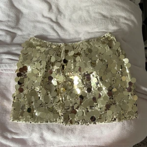 Lågmidjad Guldig paljettkjol - Helt ny glittrig kort kjol från SHEIN i guld med stora paljetter över hela tyget. Perfekt för dig som vill sticka ut och glänsa. Kjolen har en rak passform och är fodrad på insidan för extra komfort.