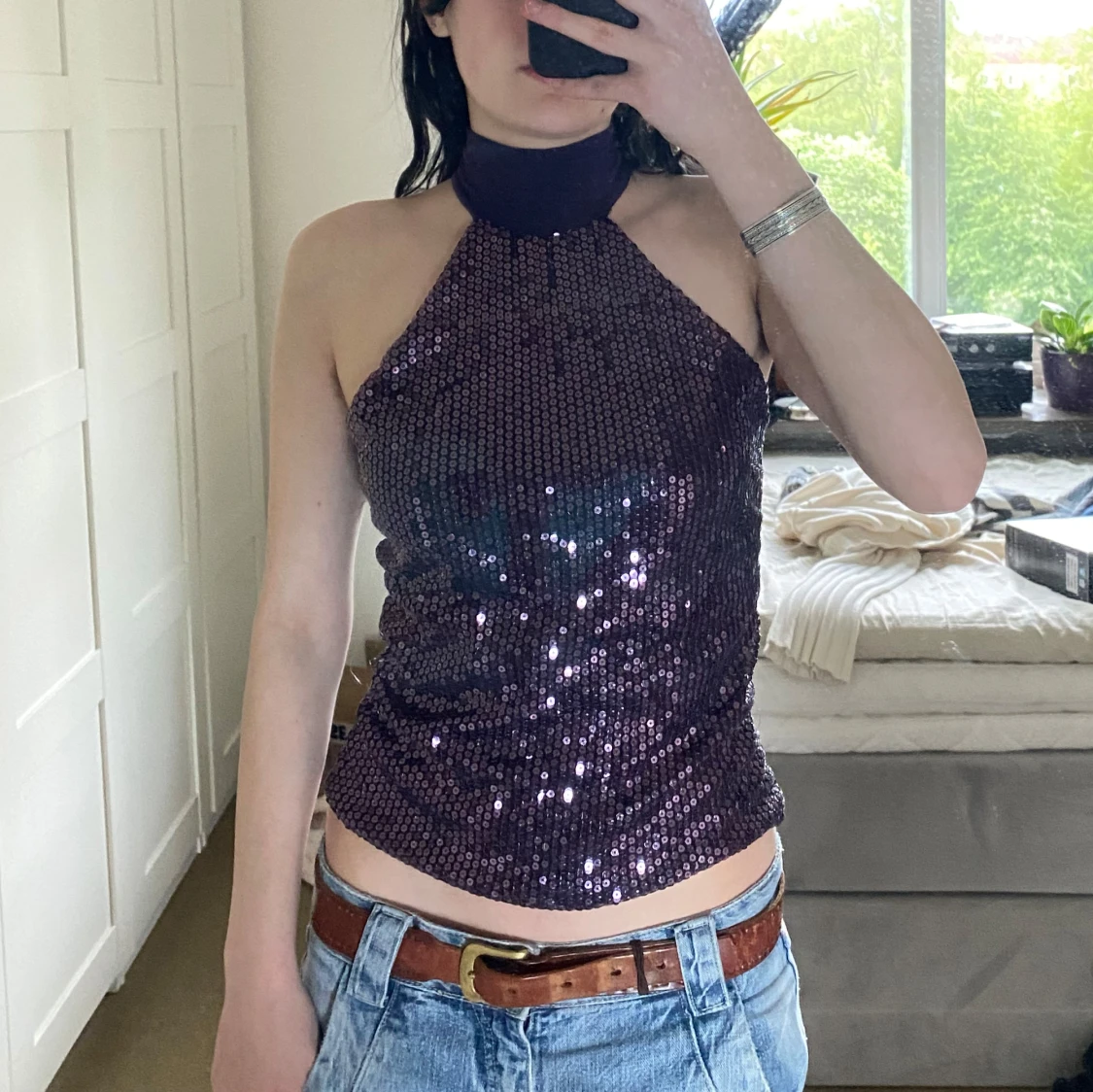 Lila paljett-topp med halterneck - 1