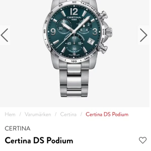 Certina DS Podium klocka - Stilren Certina DS Podium herrklocka med grön urtavla, silverfärgat armband i metall och tydliga kronograf-funktioner. Klockan har datumvisning och tachymeter på ringen. Perfekt för dig som gillar sportig och klassisk design.