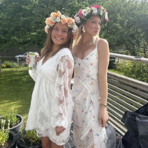 Vit spetsklänning med v-ringning - Säljer en vit klänning med v-ringning och långa ärmar. Klänningen har ett vackert spetsmönster och knytning i ryggen. Lånad bild av en tjej här på Plick.