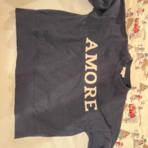 Svart tröja från Gina Tricot med text - Säljer en svart tröja från Gina Tricot med texten 'AMORE' i vitt på framsidan. Tröjan har en klassisk design med rund hals och långa ärmar. Perfekt för en avslappnad stil.