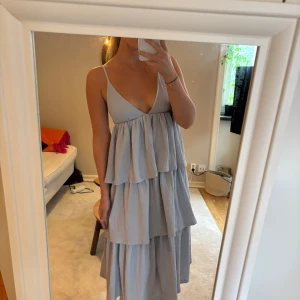 Ljusblå volangklänning från H&M - Supersöt ljusblå långklänning från H&M med flera volanger och justerbara axelband. Superfin öppen rygg med korsade band. Perfekt för sommarens alla tillfällen, luftig och flowy känsla. Jag är 169 och har vanligtvis storlek S, passar mig perfekt (misstänker att den både skulle passa större och mindre då det är resår i delen som går runt kroppen)💕