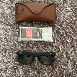 Svarta Ray-Ban Wayfarer solglasögon - Klassiska svarta Ray-Ban Wayfarer solglasögon med mattsvart båge och mörka glas. Snygg och tidlös design som passar till allt. Kommer med originalbrunt fodral och putsduk. Perfekta för att lyfta din stil i solen.