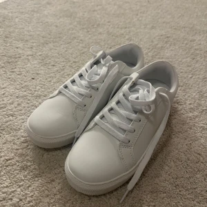 Klassiska vita sneakers i skinnimitation - Stilrena vita sneakers med rund tå och platt sula. Skorna har snörning och är gjorda i skinnimitation, vilket ger en clean och fräsch look. Perfekta för dig som gillar minimalistisk stil och vill ha ett par skor som funkar till allt.