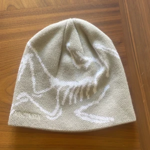 Beige mössa från Arc'teryx - Snygg beige mössa från Arc'teryx med vit dinosaurie-illustration och broderad logga framtill. Mjuk och stickad i klassisk form, perfekt för kalla dagar. Enkel men ändå unik design som sticker ut.