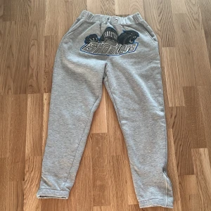 Gråa Trapstar mjukisbyxor med brodyr | 165 - Snygga grå mjukisbyxor från Trapstar med broderad logga och pantermotiv framtill. Byxorna har elastisk midja, fickor och dragkedja vid benslut. Perfekta för en chill och sportig look. Storlek 165/S