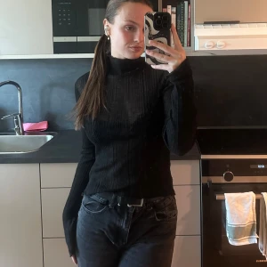 Svart ribbad polotröja - Snygg svart ribbad polotröja med långa ärmar. Perfekt för en stilren look och passar bra till jeans eller kjol. Tröjan har en hög krage som ger extra värme och stil.