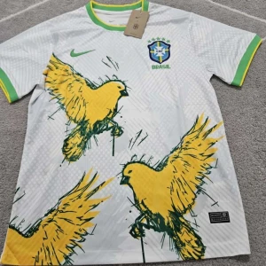 Vit - Brasilien fotbollströja  - Säljer en vit Brasilien fotbollströja från Nike med gröna och gula detaljer. Tröjan har ett stort gult papegojmotiv på framsidan, gröna muddar och krage med gula inslag samt Brasilien-emblem på bröstet. Vid frågor är det bara o kontakta 