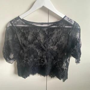 Svart spets topp - Säljer en svart, croppad topp i spets med korta ärmar. Perfekt för att skapa en trendig och edgy look. Tunt och genomskinligt material med fina spetsdetaljer.