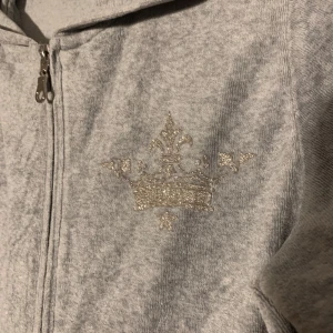 Grå hoodie - Säljer en ljusgrå hoodie med glittrig krona och texten 'Forever' på ryggen. Tröjan har dragkedja framtill, huva och långa ärmar. Perfekt för en avslappnad och trendig look.