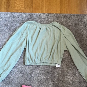 Ljusgrön croppad blus - Säljer en ljusgrön croppad blus från Gina Tricot. Blusen har långa ärmar, resår vid halsringningen och är tillverkad i ett lätt, krinklat material. Perfekt för vår och sommar!