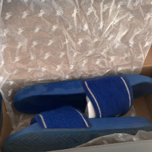 Blå slides från Polo Ralph Lauren - Säljer ett par blå slides från Polo Ralph Lauren med mjuk frottéliknande rem och broderad logga i vitt. Perfekta att glida runt i under varma dagar. Klassisk design med bekväm platt sula.