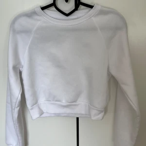 Vit croppad sweatshirt från SHEIN - Säljer en vit croppad sweatshirt från SHEIN i storlek XS. Tröjan har långa ärmar, rund halsringning och är tillverkad i mjuk polyester. Perfekt för en avslappnad och stilren look.