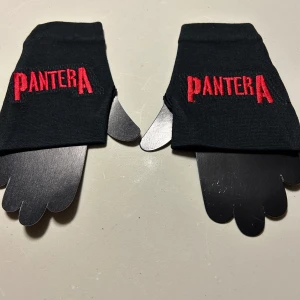 Svarta handskar med Pantera-logga - Snygga svarta handskar med röd Pantera-logga broderad på ovansidan. Perfekta för fans av bandet som vill hålla händerna varma med stil. De har en enkel design och är lätta att matcha med olika outfits.