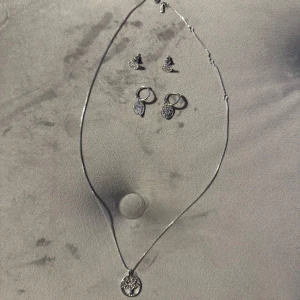 Silverfärgat smyckeset med trädmotiv från Pilgrim - Smyckesset från Pilgrim i silverfärg. Ett halsband & två par örhängen, alla med ett vackert trädmotiv. Halsbandet har en tunn kedja och ett runt hänge med ett detaljerat träd. Örhängena matchar perfekt! Nypris på allt är 950kr. Nyskick!!!